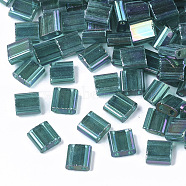 2-Hole Transparent Glass Seed Beads, AB Colours, Rectangle, Teal, 5x4.5~5.5x2~2.5mm, Hole: 0.5~0.8mm(SEED-S023-29C-05)
