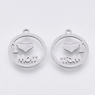 Mother's Day Theme, 201 Stainless Steel Pendants, Laser Cut Pendants, Flat Round with Word I Love Mom, Stainless Steel Color, 17.5x15.5x1mm, Hole: 1.4mm(X-STAS-T044-114P)