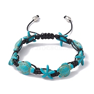 Synthetic Turquoise Starfish & Turtle Braided Bead Bracelet, with Polyester Cord, Dark Turquoise, Inner Diameter: 2-1/4~3-1/8 inch(5.8~8.05cm)(X-BJEW-TA00388-01)