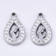 201 Stainless Steel Pendants, with Polymer Clay Crystal Rhinestone, teardrop, with Woman, Stainless Steel Color, 18x11.5x2mm, Hole: 1.6mm(STAS-N091-15P)