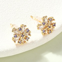 Snowflake Brass Micro Pave Cubic Zirconia Stud Earrings, Nickel Free, Real 18K Gold Plated, Purple, 9.5x10mm(EJEW-Z152-02G-01)