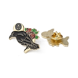 Creative Zinc Alloy Brooches, Enamel Lapel Pin, with Iron Butterfly Clutches or Rubber Clutches, Bird with Rose, Golden, Black, 30x23mm, Pin: 1mm(JEWB-R015-049)