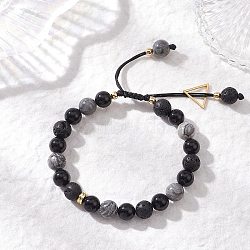 Natural Lava Rock, Natural Obsidian, Natural Map Stone/Picasso Stone/Picasso Jasper Adjustable Beaded Bracelets, Round, Black, Inner Diameter: 2-1/8 ~ 2-7/8 inch(5.4~7.4cm)(BJEW-JB13014)