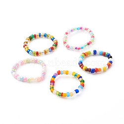 Handmade Stretch Rings, with Glass Opaque Seed Beads, Trasparent Inside Beads, Frosted Beads, Silver Lined Round Beads, Ring, Mixed Color, Beads: 2.5~3.5x1.5~3mm, US Size 9 1/2(19.3mm)(RJEW-JR00369)
