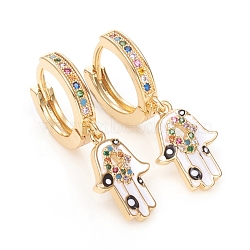 Brass Micro Pave Cubic Zirconia Huggie Hoop Earrings, with Enamel, Long-Lasting Plated, Hamsa Hand/Hand of Fatima/Hand of Miriam, Colorful, Golden, 30.5mm, Pin: 1mm(EJEW-G276-03G)