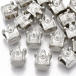 Plating ABS Plastic European Bead Rhinestone Settings, Large Hole Beads, Crown with Word Queen, Platinum, Fit for 1.5mm Rhinestone, 11.5x11.5x9.5mm, Hole: 4.5mm(KY-T019-13)