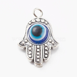 Alloy Pendants, with Resin Beads, Hamsa Hand with Evil Eye, Antique Silver, Royal Blue, 25x17x7.5mm, Hole: 2.5mm(X-PALLOY-JF00701-01)