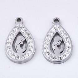 201 Stainless Steel Pendants, with Polymer Clay Crystal Rhinestone, teardrop, with Woman, Stainless Steel Color, 18x11.5x2mm, Hole: 1.6mm(STAS-N091-15P)