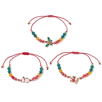 3Pcs 3 Styles Christmas Glass Braided Bead Bracelet Sets, Snowman & Holly Leaves & Santa Claus Alloy Enamel Adjustable Stackable Bracelets for Women, Mixed Shapes, Inner Diameter: 1~3-1/4 inch(2.5~8.2cm), 1pc/style