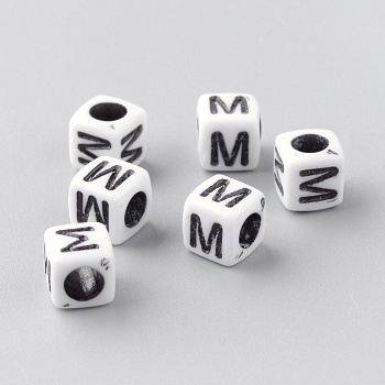 Opaque Acrylic Beads, Horizontal Hole, Letter Style, Cube, Letter.M, 6x6x6mm, Hole: 3mm, about 300pcs/50g