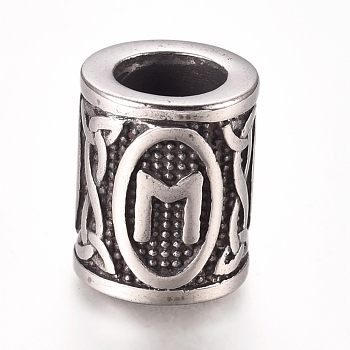 304 Stainless Steel European Beads, Large Hole Beads,  Column with Letter, Antique Silver, Letter.M, 13.5x10mm, Hole: 6mm