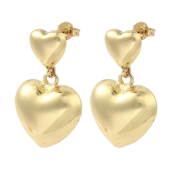 Brass Stud Earrings, Cadmium Free & Lead Free, Heart, Real 18K Gold Plated, 30x17mm