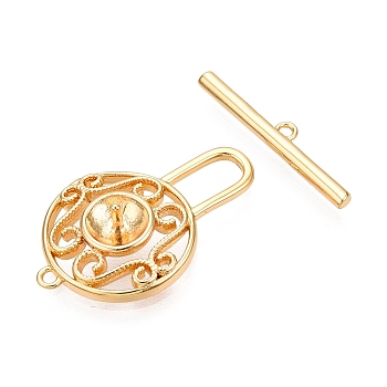 Brass Toggle Clasps, Flat Round, Real 18K Gold Plated, 24x15x6mm, Hole: 1.2mm, Bar: 3.5x20.5x1.5mm, Hole: 1.2mm, Pin: 1mm