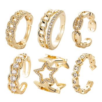 6Pcs 6 Styles Brass Micro Pave Cubic Zirconia Cuff Rings, Open Rings, Long-Lasting Plated, Chain & Hollow Star & Curb Chain Shape & Square with Rhombus & Coffee Bean Chain Shape, Real 18K Gold Plated, Inner Diameter: 17~17.5mm, 1pc/style