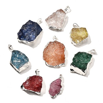 Raw Rough Natural Dyed Quartz Crystal Pendants, Nuggets Charms, with Brass Findings, Silver Color Plated, Mixed Color, 21~45x18~39x8~19mm, Hole: 7x4.5mm