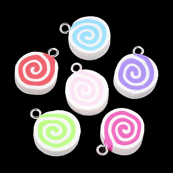 Handmade Polymer Clay Pendants, with Iron Findings, Flat Round with Vortex, Platinum, Mixed Color, 20~21x15~16.5x5mm, Hole: 2mm