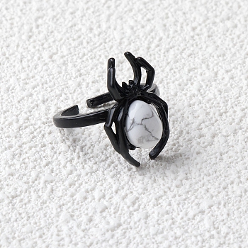 Natural Howlite Spider Open Cuff Rings, Gunmetal Tone Metal Finger Rings for Unisex, Inner Diameter: Adjustable