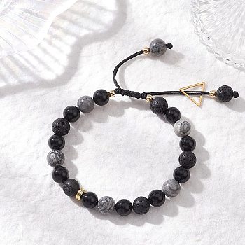 Natural Lava Rock, Natural Obsidian, Natural Map Stone/Picasso Stone/Picasso Jasper Adjustable Beaded Bracelets, Round, Black, Inner Diameter: 2-1/8 ~ 2-7/8 inch(5.4~7.4cm)