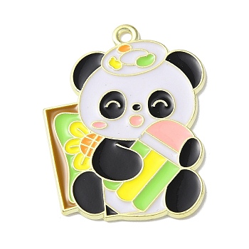 Zinc Alloy Pendant, with Enamel, Panda with Flower, Light Gold, Yellow, 32.5x25x1.5mm, Hole: 1.8mm