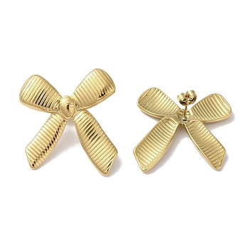 304 Stainless Steel Stud Earrings for Women, Stripe Bowknot, Real 18K Gold Plated, 29x26mm