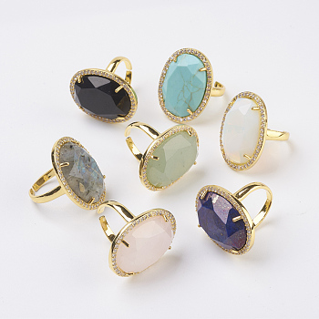 Natural & Synthetic Mixed Stone Adjustable Finger Ring, Wide Band Rings, with Rhinestone and Brass Finding, Oval, Size 7, Golden, 17mm