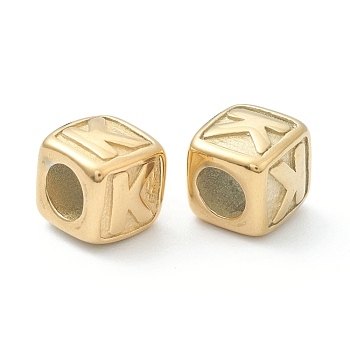 304 Stainless Steel European Beads, Large Hole Beads, Horizontal Hole, Cube with Letter, Golden, Letter.K, 8x8x8mm, Hole: 4mm