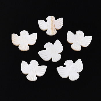 Natural Freshwater Shell Carved Beads, Bird, Seashell Color, 14~16x18.5~19x3~4mm, Hole: 0.9~1mm