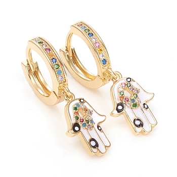 Brass Micro Pave Cubic Zirconia Huggie Hoop Earrings, with Enamel, Long-Lasting Plated, Hamsa Hand/Hand of Fatima/Hand of Miriam, Colorful, Golden, 30.5mm, Pin: 1mm
