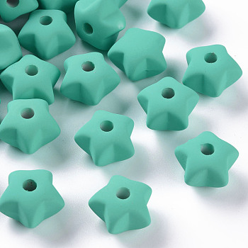 Acrylic Beads, Rubberized Style, Half Drilled, Star, Light Sea Green, 16x17x11mm, Hole: 3.5mm