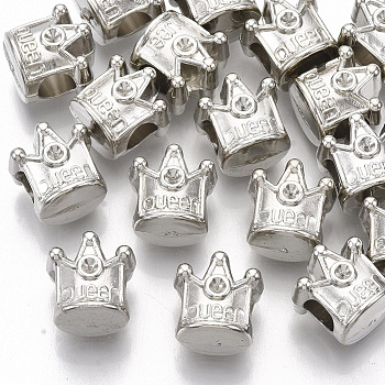 Plating ABS Plastic European Bead Rhinestone Settings, Large Hole Beads, Crown with Word Queen, Platinum, Fit for 1.5mm Rhinestone, 11.5x11.5x9.5mm, Hole: 4.5mm