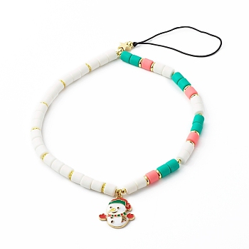 Handmade Polymer Clay Beaded Mobile Strap, for DIY Phone Case Decoration, with Brass Beads and Alloy Enamel Snowman Pendants, Braided Nylon Thread, White, 25cm