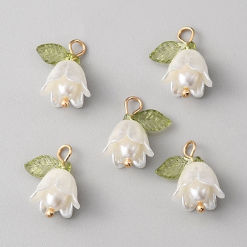 Opaque Resin Pendants, with Golden Tone Alloy Loops, Convallaria Majalis Flower Charm, White, 17x11mm, Hole: 2mm