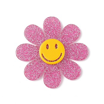 Acrylic Pendants, with Sequins, Flower with Smiling Face Charm , Camellia, 45x4.5mm, Hole: 1.5mm