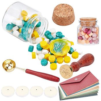 CRASPIRE DIY Wax Seal Stamp Kits, Including Sealing Wax Particles, Candle, Beech Wood Handle, Brass Spoon & Stamp Head, Paper Envelope, Mixed Color, Sealing Wax Particles: 0.9cm, 2 colors, 90pcs/color, 180pcs