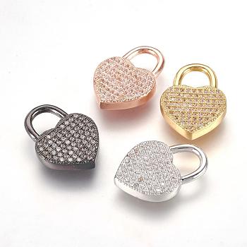 Brass Micro Pave Cubic Zirconia Pendants, Heart Padlock, Mixed Color, 20x14x3.5mm, Hole: 6x6.5mm