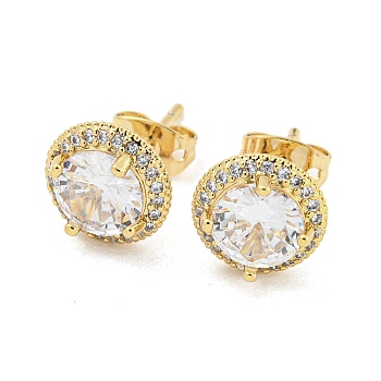 Brass Micro Pave Cubic Zirconia Ear Studs, Flat Round, Real 18K Gold Plated, 10mm
