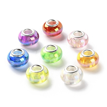 UV Plating Resin European Beads, Rondelle Large Hole Beads, with Platinum Tone Alloy Double Cores, Mixed Color, 13.5x9mm, Hole: 5mm