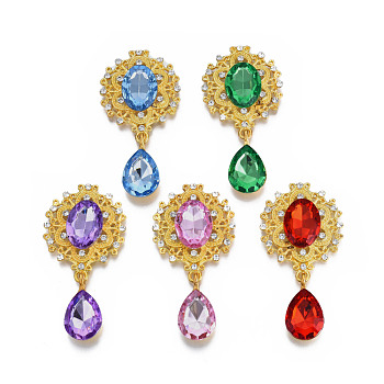 Alloy Flat Back Cabochons, with Acrylic Rhinestones, Oval and Teardrop, Golden, Faceted, Mixed Color, 58x29x6mm, Teardrop: 25x13x7mm