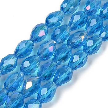 Transparent Electroplate Glass Beads Strands, AB Color Plated, Faceted, Teardrop, Dodger Blue, 5~6x4mm, Hole: 0.9mm, about 65~67pcs/strand, 15.35~16.4''(39~41cm)