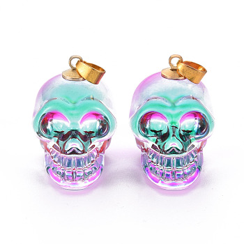 Electroplate K9 Glass Pendants, with Golden Plated Brass Bails, Skull, Halloween, Turquoise, 25x26~27x19mm, Hole: 5x3mm