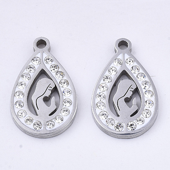 201 Stainless Steel Pendants, with Polymer Clay Crystal Rhinestone, teardrop, with Woman, Stainless Steel Color, 18x11.5x2mm, Hole: 1.6mm