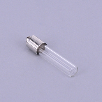 Handmade Blown Glass Pendants, with Brass End Caps(Detachable), Column, Platinum, Clear, 32x7mm, Hole: 1.5mm