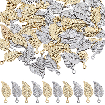 100Pcs 2 Colors 304 Stainless Steel Charms, Leaf, Golden & Stainless Steel Color, 14~14.x6x0.5mm, Hole: 0.8~1.2mm,  50pcs/color