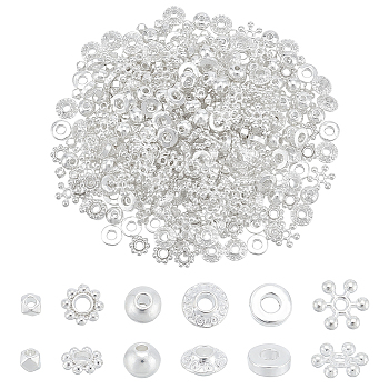 360Pcs 6 Styles Alloy Spacer Beads, for Jewelry Making Supplies, Silver, 3.5~8mm, Hole: 1~2.5mm, 60pcs/style