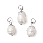 Natural Pearl Pendants, Rice Charms with 304 Stainless Steel Jump Rings, Floral White, Stainless Steel Color, 15~16x7~8mm, Hole: 3.4mm(PALLOY-JF04618)