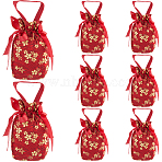 Flower Printed Cloth Drawstring Storage Bags, Tassel Wedding Candy Bags with Rope Handle, Rectangle, Red, 23cm, Bag: 150x133x1.5mm(ABAG-WH20010-20D-01)