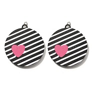 Printed Acrylic Pendants, Flat Round with Twill Pattern & Heart, with Platinum Loop, Black, 49.5x45.5x2.5mm, Hole: 5mm(FIND-B045-14)