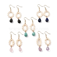 Dangle Earrings, with Natural Pearl Beads, teardrop, Gemstone Charms and Brass Earring Hooks, 61mm, Pin: 0.7mm(EJEW-JE04225)