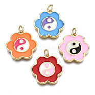 Brass Enamel Pendants, Nickel Free, Real 16K Gold Plated, with Jump Ring, Flower with Yin Yang, Mixed Color, 20x20x2mm, Jump Ring: 5x1mm, Inner Diameter: 3mm(KK-Q769-009-NF)
