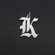 304 Stainless Steel Pendants, with Jump Ring, Old English, Letter, Laser Cut, Stainless Steel Color, Letter.K, 16x14x1mm, Hole: 3mm(A-STAS-R111-JA565-K)